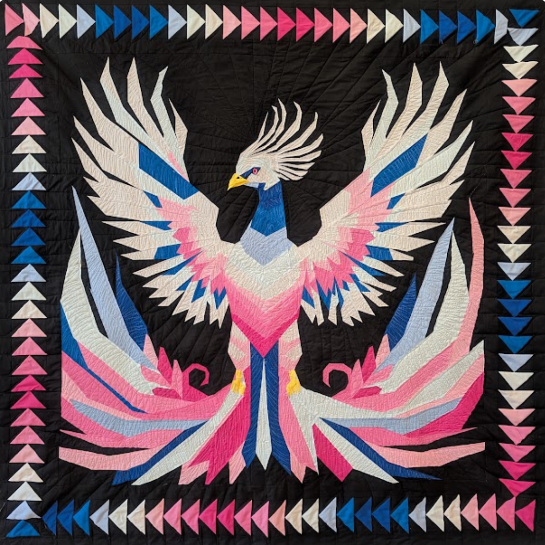 A stylized phoenix rendered in blue, pink, and white on a black background, with broad wings, a feathered crest, and a border of flying geese in matching colors.